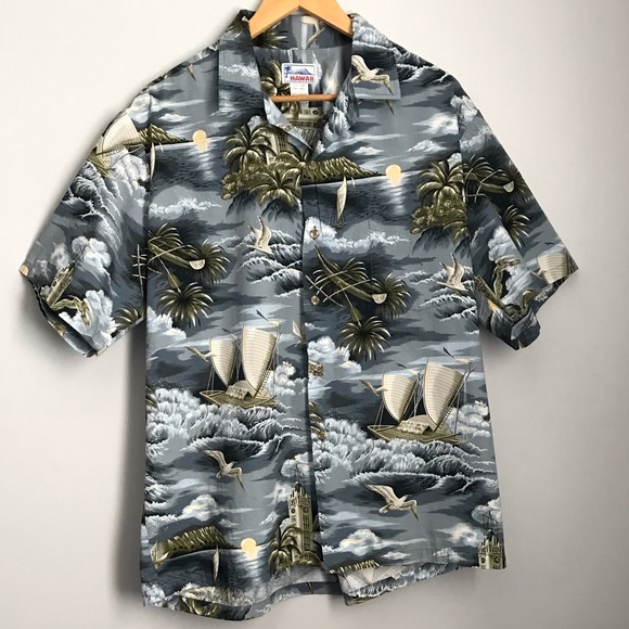 Hawaiian Shirt Men’s size XL Grey/Green with Palm Trees and Boats. - Picture 1 of 5
